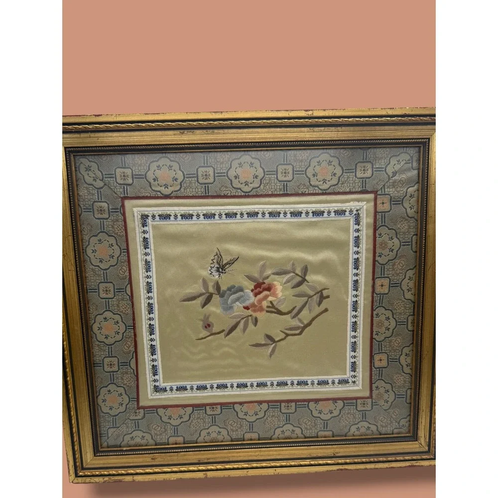 Vintage Asian Silk Embroidery Framed Floral Butterfly Art Chinoiserie Decor